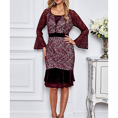 

Women's Sheath Dress Knee Length Dress Red Long Sleeve Solid Color Layered Lace Fall Summer Round Neck Elegant Casual 2021 S M L XL XXL / Chiffon
