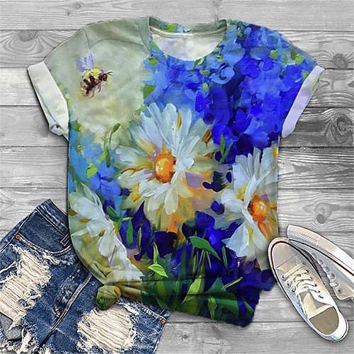 

Women's Plus Size Tops T shirt Floral Graphic Print Short Sleeve Crewneck Basic Blue Big Size XL XXL 3XL 4XL 5XL / Holiday