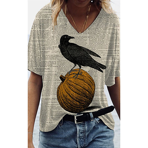 

Women's T shirt Pumpkin Bird V Neck Tops Basic Basic Top Beige