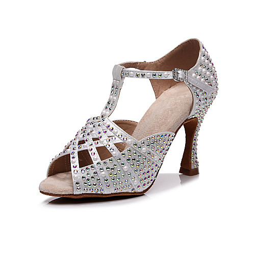 

2021 Women's Latin Shoes Salsa Shoes Glam High Heel Faux Pearl Crystal / Rhinestone Open Toe White Black Khaki Buckle Glitter Crystal Sequined Jeweled / Satin