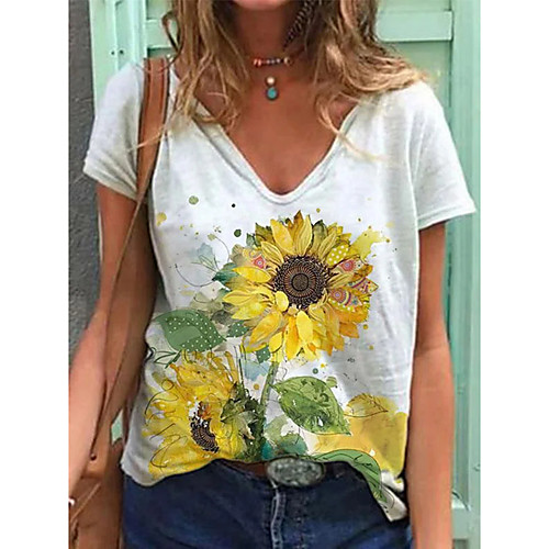 

Women's T shirt Floral Print V Neck Tops Basic Basic Top White