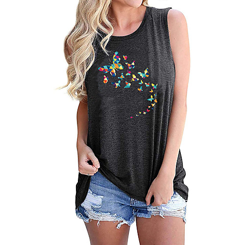 

Women's Holiday Tank Top Vest T shirt Graphic Butterfly Print Round Neck Basic Tops Blue Purple Light gray / Going out