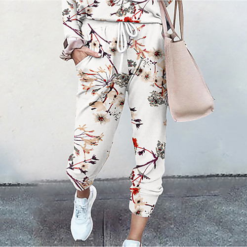 

Women's Basic Soft Comfort Daily Home Jogger Pants Flower / Floral Abstract Full Length Elastic Drawstring Design Print Blue Wine White Red