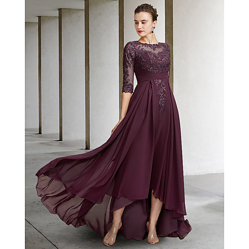 

A-Line Mother of the Bride Dress Elegant Jewel Neck Asymmetrical Floor Length Chiffon Lace Half Sleeve with Pleats Appliques 2021