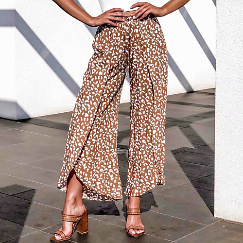 

Women's Basic Fashion Comfort Daily Weekend Wide Leg Pants Spot Ankle-Length Split Elastic Drawstring Design Print Brown