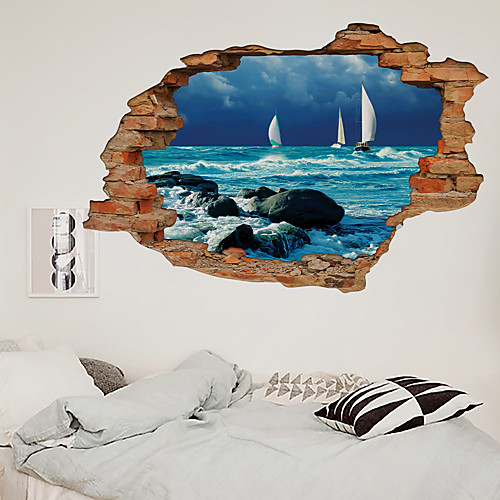 

3D Broken Wall Wave Beach Sailing Home Corridor Background Decoration Can Be Removed Stickers