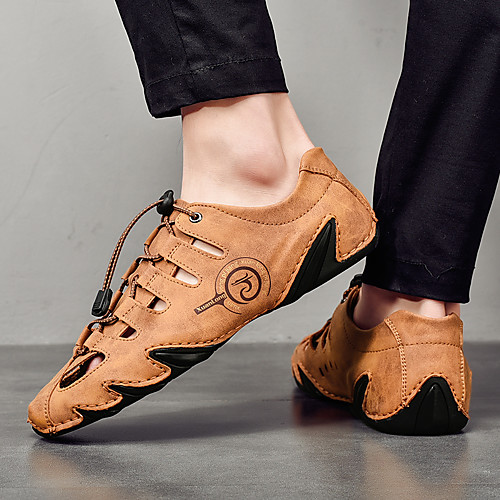 

Men's Nappa Leather Sandals Soft Sole Drawstring Drive Shoes Outdoor Comfort Shoes Upstream Shoes Breathable Handmade Non-Slip Black Khaki Green