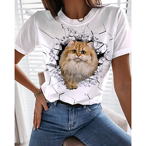 

Women's 3D Cat T shirt Cat 3D Animal Print Round Neck Basic Tops White