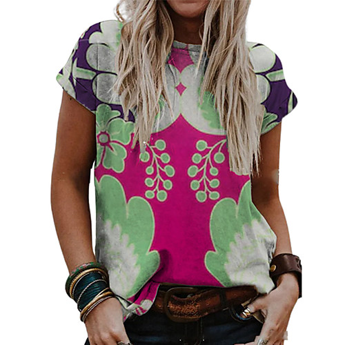 

Women's T shirt Floral Color Block Print Round Neck Tops Basic Basic Top Red