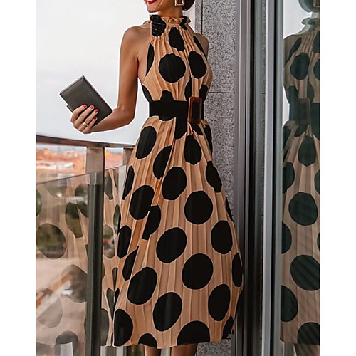 

Women's A Line Dress Midi Dress Khaki Sleeveless Polka Dot Print Spring Summer Round Neck Elegant Casual Belt Not Included 2021 S M L XL