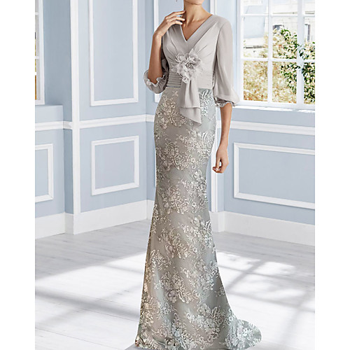 

Mermaid / Trumpet Mother of the Bride Dress Elegant V Neck Sweep / Brush Train Chiffon Lace Half Sleeve with Pleats Appliques 2021