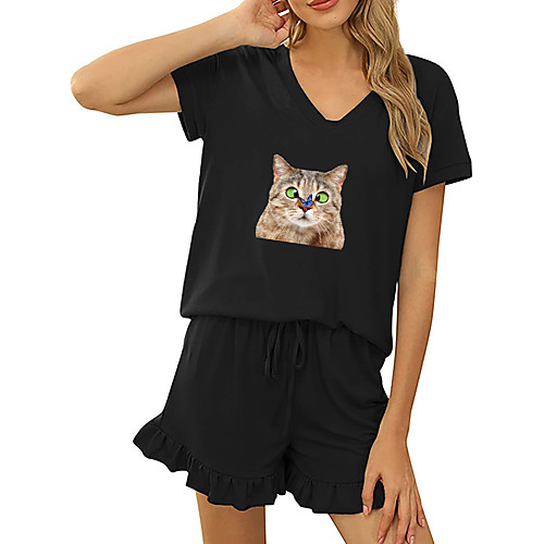 

Women's Basic Streetwear Cat Vacation Casual / Daily Two Piece Set Tracksuit T shirt Loungewear Shorts Drawstring Ruffle Print Tops