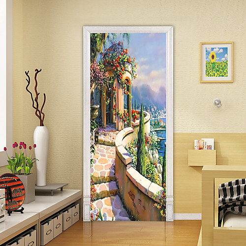 

Oil Painting Style 2pcs Self-adhesive Creative Door Stickers European Castle Living Room Diy Decoration Home Waterproof Wall Stickers
