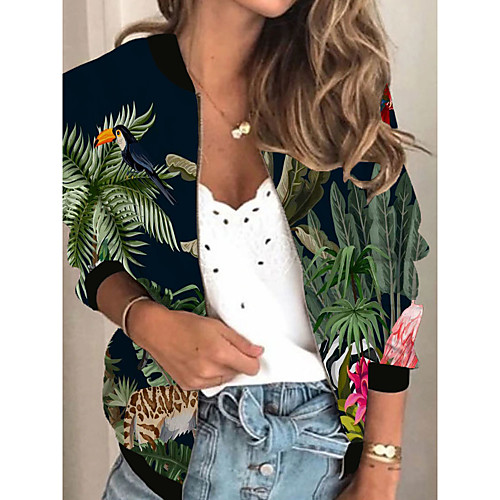 

Women's Jacket Daily Spring Summer Regular Coat V Neck Regular Fit Sporty Casual Jacket Long Sleeve Plants Print Green / Holiday