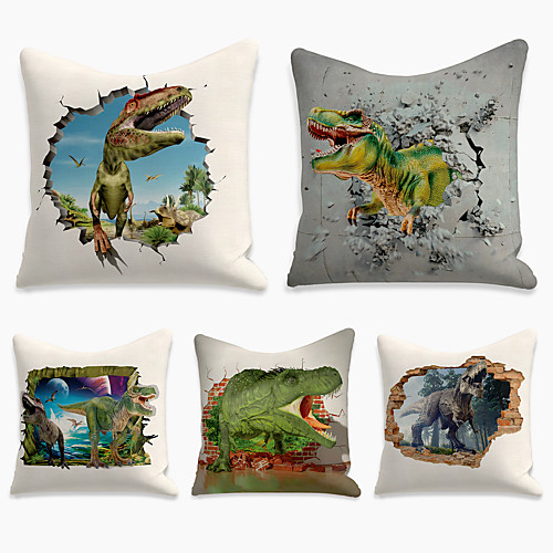 

Double Side Cushion Cover 5PC Faux Linen Soft Decorative Square Throw Pillow Cover Cushion Case Pillowcase for Sofa Bedroom 45 x 45 cm (18 x 18 Inch) Superior Quality Machine Washable Print Dinosaur