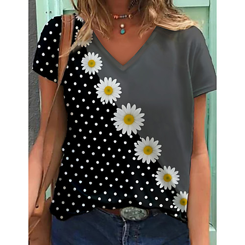 

Women's Daisy T shirt Polka Dot Color Block Daisy Print V Neck Basic Tops Black