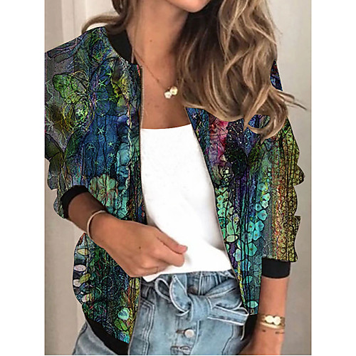 

Women's Jacket Daily Fall Spring Regular Coat V Neck Regular Fit Sporty Casual Jacket Long Sleeve Floral Print Purple / Holiday