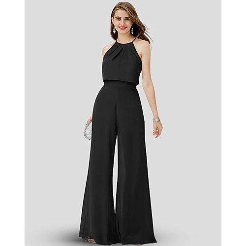 

Jumpsuits Halter Neck Floor Length Chiffon Bridesmaid Dress with Pleats