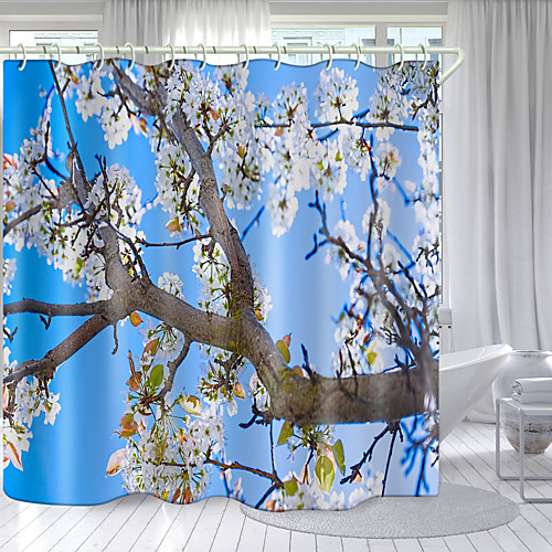 

White Cherry Blossoms Digital Printing Shower Curtain Shower Curtains Hooks Modern Polyester New Design 72 Inch