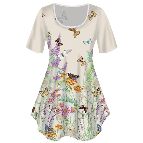 

Women's Plus Size Tops T shirt Graphic Butterfly Print Short Sleeve Crewneck Basic khaki Big Size XL XXL 3XL 4XL 5XL