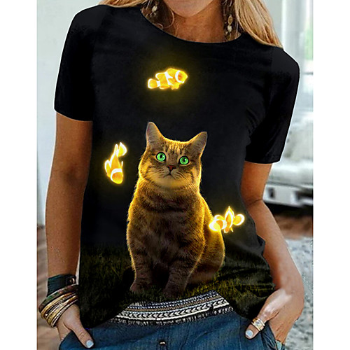 

Women's 3D Cat T shirt Cat Graphic 3D Print Round Neck Basic Tops Black
