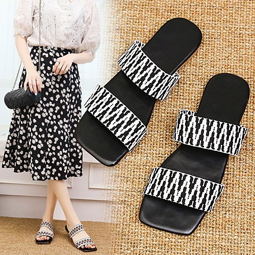 

Women's Sandals Outdoor Slippers Flat Heel Square Toe Polyester Color Block White Black Blue
