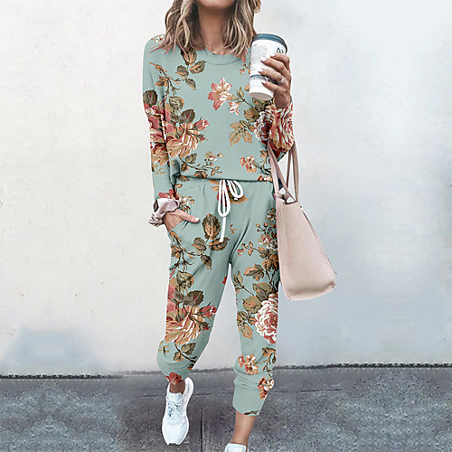 

Women's Basic Streetwear Floral Vacation Casual / Daily Two Piece Set Crew Neck Tracksuit T shirt Pant Loungewear Jogger Pants Drawstring Print Tops / Loose