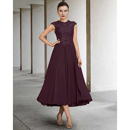 

A-Line Mother of the Bride Dress Elegant Jewel Neck Ankle Length Chiffon Lace Sleeveless with Pleats Appliques 2021