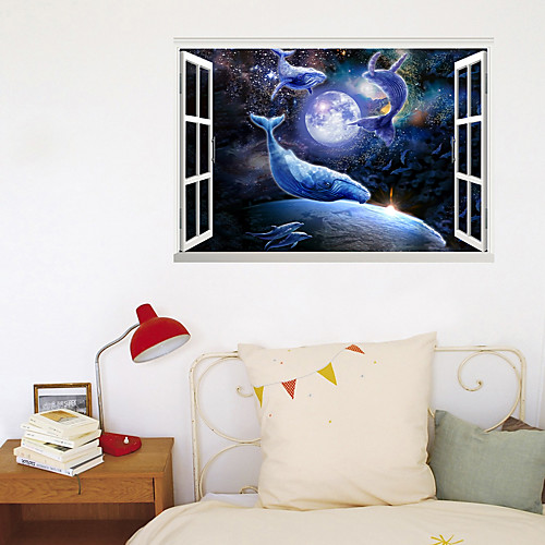 

3D New Fake Window Wall Paste Dolphin Moon Starry Sky Living Room Bedroom Corridor Decoration Can Be Removed Stickers