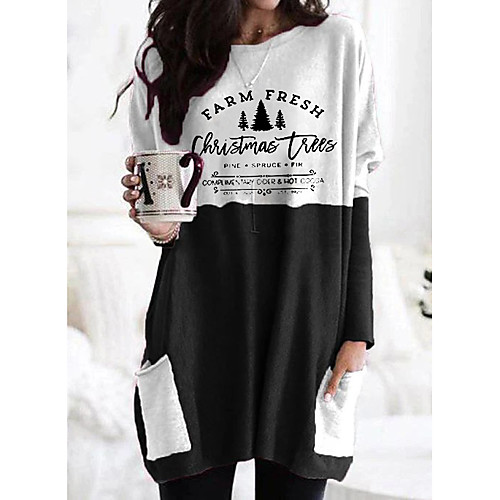 

Women's T shirt Graphic Letter Long Sleeve Pocket Round Neck Tops Basic Basic Top Black Orange Khaki