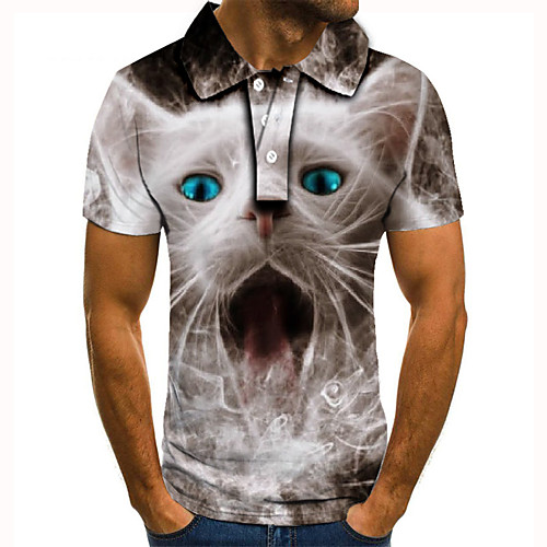 

Men's Golf Shirt Tennis Shirt 3D Print Cat Animal Button-Down Short Sleeve Street Tops Casual Fashion Cool White / Sports