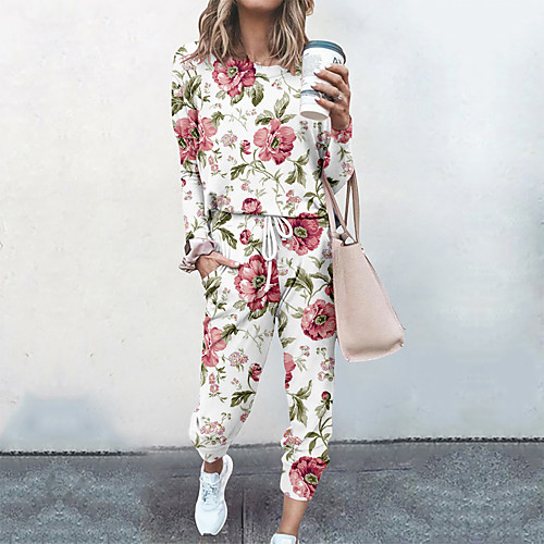 

Women's Basic Streetwear Floral Vacation Casual / Daily Two Piece Set Tracksuit T shirt Pant Loungewear Jogger Pants Drawstring Print Tops