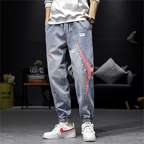 

Men's Chino Jeans Pants Patchwork Color Block Ankle-Length Black Blue