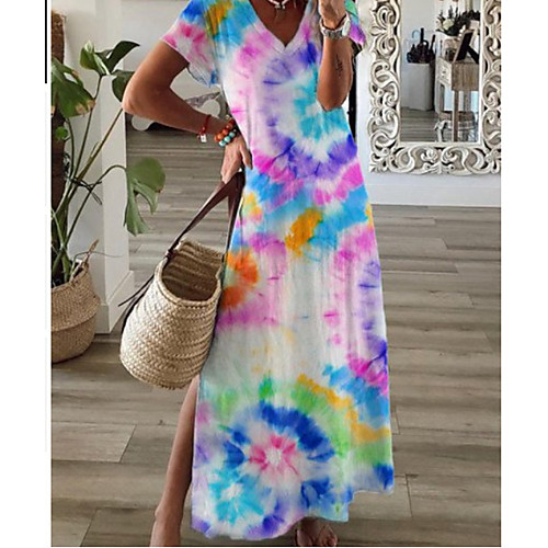 

Women's Loose Maxi long Dress Short Sleeve Color Gradient Summer Casual Loose 2021 S M L XL