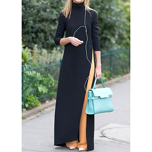 

Women's Shift Dress Maxi long Dress Black 3/4 Length Sleeve Solid Color Split Fall Summer Turtleneck Elegant Casual 2021 S M L XL XXL