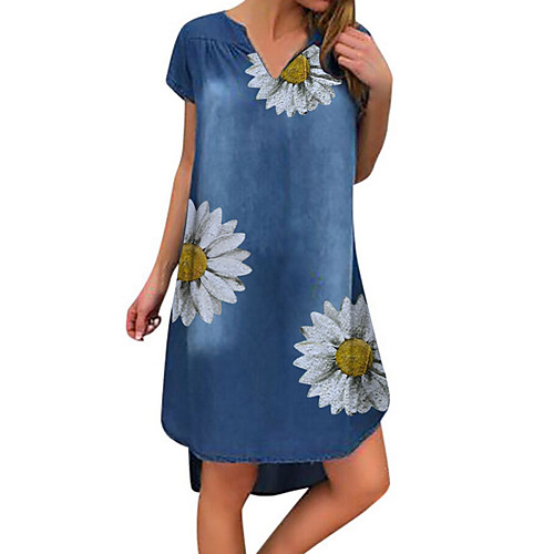 

Women's A Line Dress Knee Length Dress Blue Short Sleeve Floral Solid Color Fall Summer V Neck Elegant Casual 2021 S M L XL XXL 3XL
