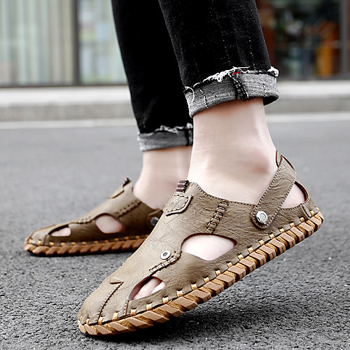

Men's Sandals Crochet Leather Shoes Flat Sandals Sporty Casual Beach Daily Outdoor Water Shoes Walking Shoes Nappa Leather Cowhide Breathable Handmade Non-slipping Booties / Ankle Boots Black Khaki