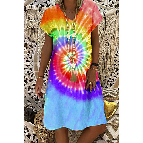 

2021 independent station amazon wish summer women's tie-dye printing v-neck loose v-neck short-sleeved dress women