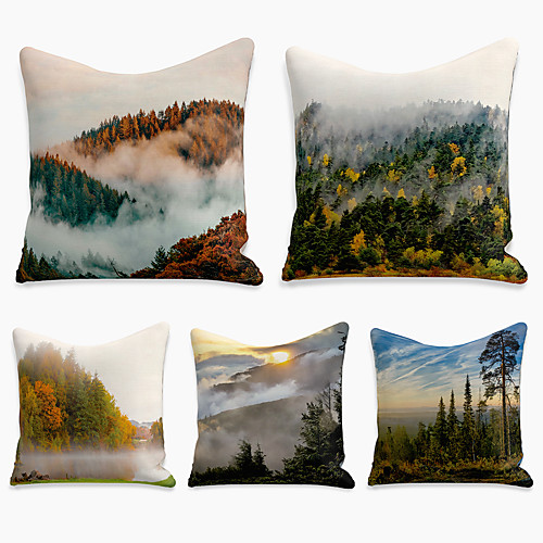 

Double Side Cushion Cover 5PC Faux Linen Soft Decorative Square Pillowcase for Sofa Bedroom 45 x 45 cm (18 x 18 Inch) Superior Quality Print Landscape for Patio Garden Farmhouse Bench Couch