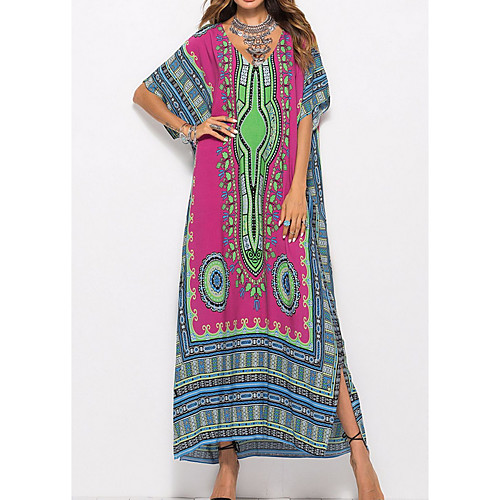 

Women's Kaftan Dress Maxi long Dress Blue Purple Yellow Wine Orange White Black Half Sleeve Geometric Print Fall Summer Round Neck Elegant Casual 2021 One-Size