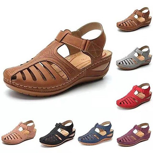 

Women's Sandals Wedge Heel Round Toe PU Solid Colored Wine Light Brown Black