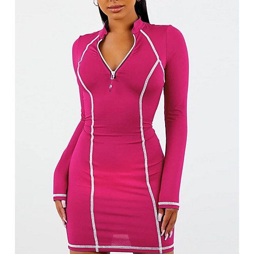 

Women's Sports Dress Short Mini Dress Blue Gray Black Red Long Sleeve Solid Color Zipper Summer Turtleneck Casual 2021 S M L XL XXL