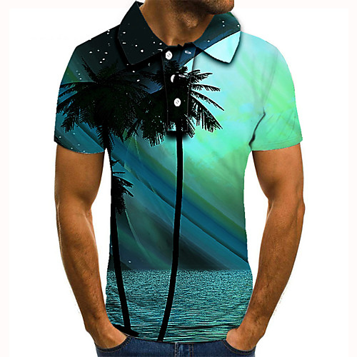 

Men's Golf Shirt Tennis Shirt 3D Print Scenery Palm Leaf Button-Down Short Sleeve Street Tops Casual Fashion Cool Blue / Sports
