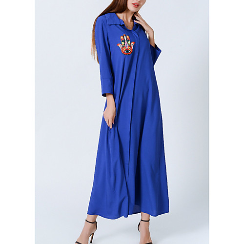 

Women's Kaftan Dress Maxi long Dress Blue Light Blue Long Sleeve Solid Color Patchwork Fall Spring Shirt Collar Casual 2021 S M L XL