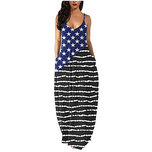 

Women's A Line Dress Maxi long Dress black strips Blue White Black Red Sleeveless Pattern Summer Casual 2021 S M L XL 2XL 3XL