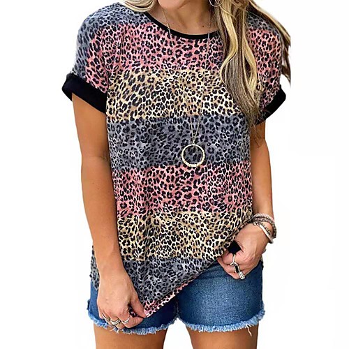 

Women's T shirt Color Block Leopard Print Round Neck Tops Basic Basic Top Blue Purple Wine