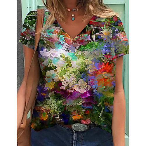 

Women's Floral Theme T shirt Floral Graphic Print V Neck Tops Basic Basic Top White Green