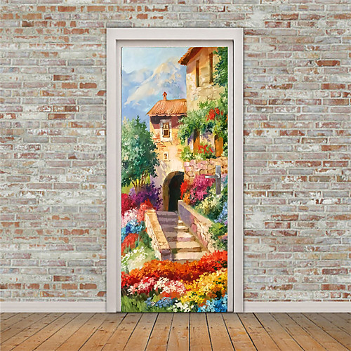 

2pcs Self-adhesive Creative Oil Painting Style Country Landscape Door Stickers For Living Room Diy Decorative Home Waterproof Wall Stickers