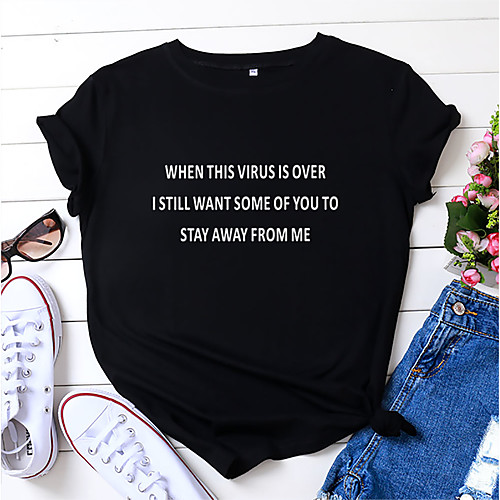 

Women's T shirt Text Letter Print Round Neck Tops 100% Cotton Basic Basic Top White Black Red
