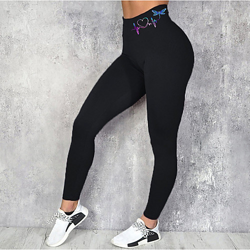 

Women's Sporty Fashion Comfort Skinny Leisure Sports Weekend Leggings Pants Heart Abstract Letter Ankle-Length Sporty Elastic Waist Print Black